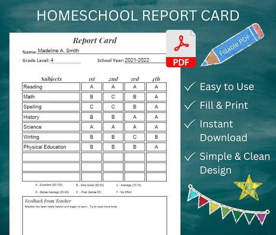 Fillable Homeschool Report Card Template, Grade Tracker (PDF)