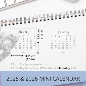 2025 & 2026 Monthly Mini PNG Calendar, Digital Sticker Calendar, Transparent Mini Calendar, Clip Art Calendar for iPad