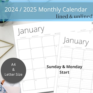 Printable 2024 & 2025 Monthly Calendar Blank and Lined | Monday and ...