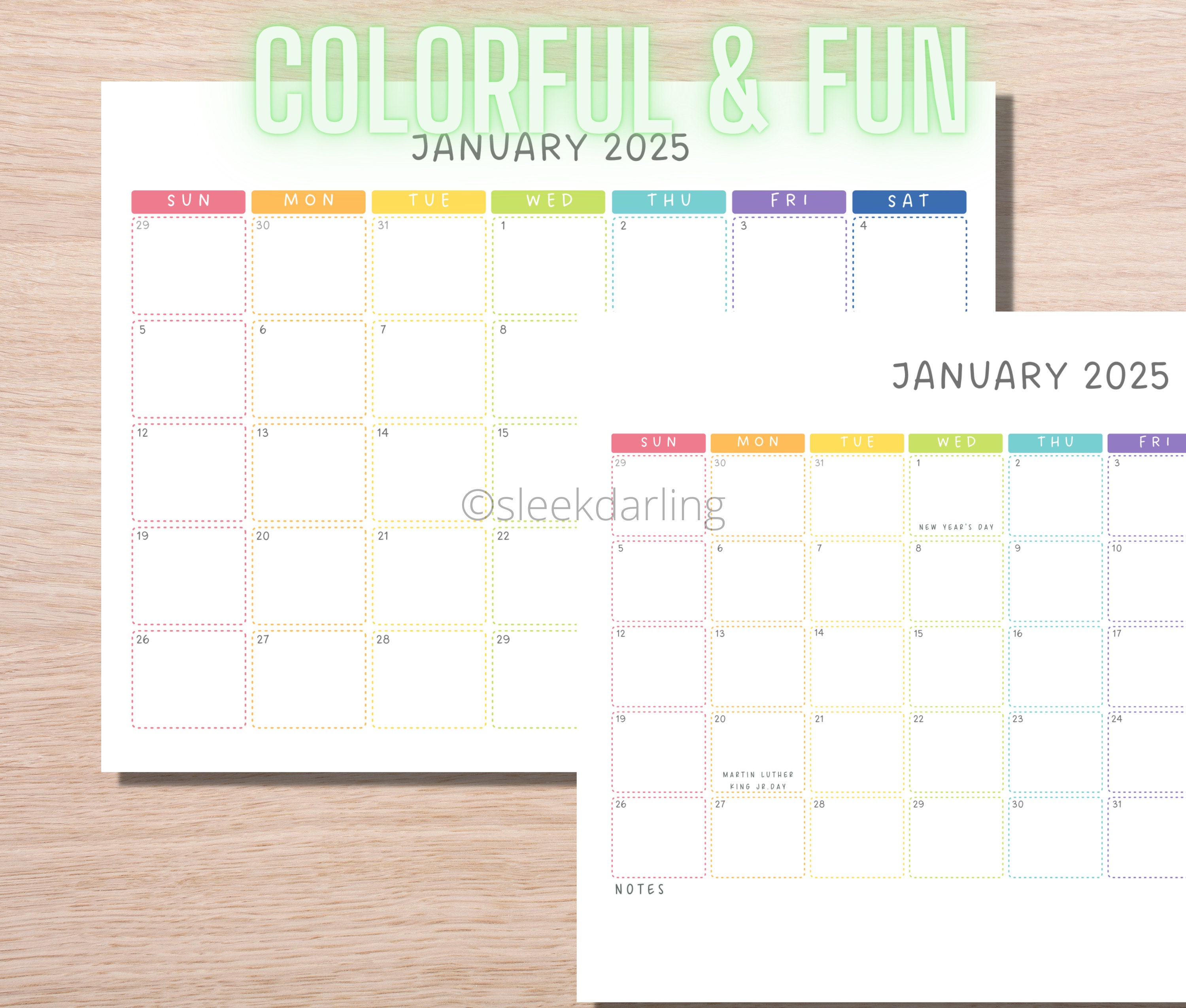 Printable Colorful Rainbow 2025 Monthly Calendar With to Do List, Notes