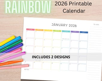 Afdrukbare maandkalender Rainbow 2026 (pdf)