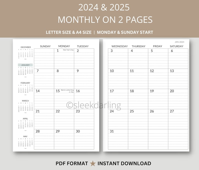 2025-2025 Monthly Planner Printable, Lined 2-page Spread, at a Glance, Organizational Tool 