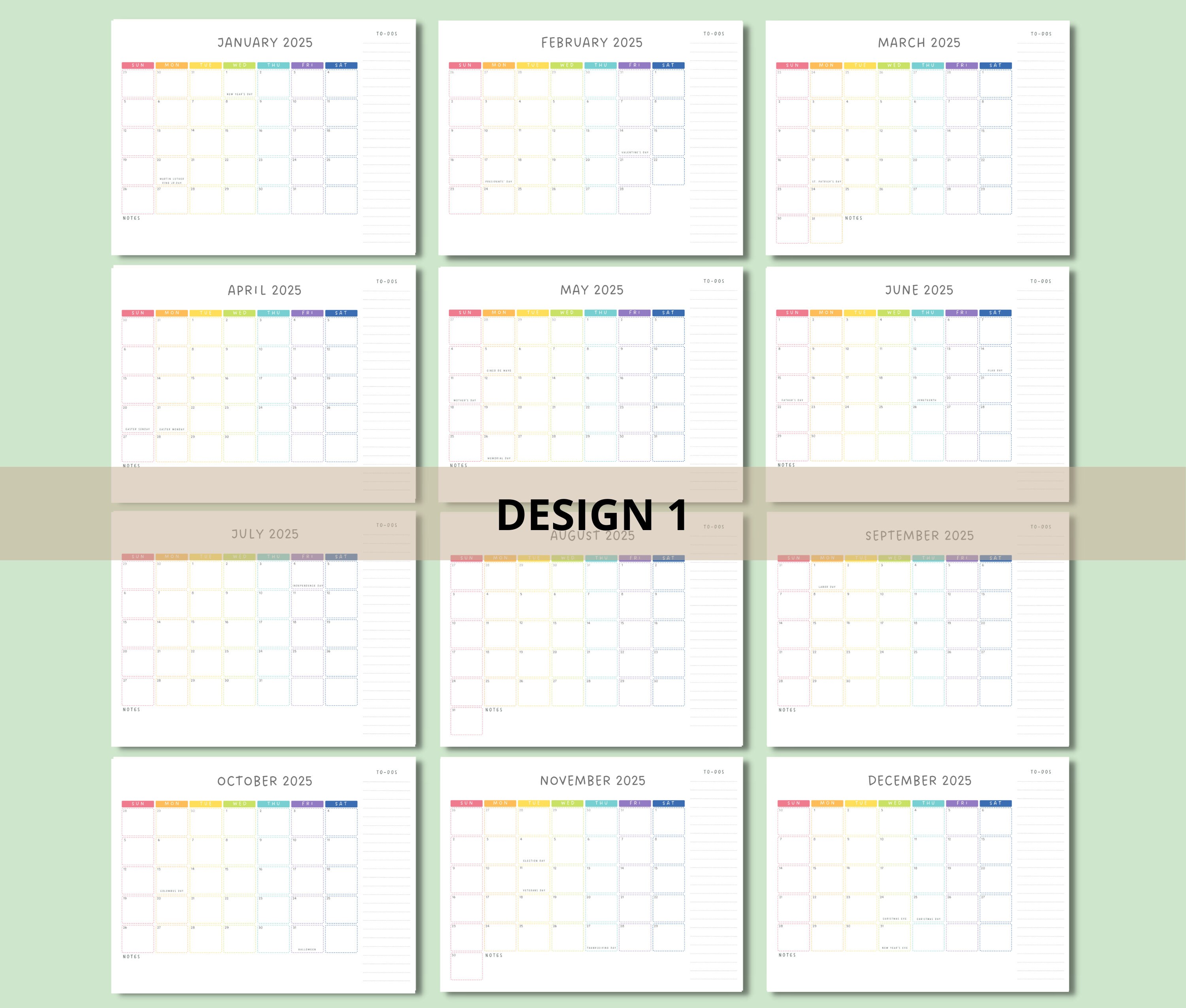 Printable Colorful Rainbow 2025 Monthly Calendar With to Do List, Notes