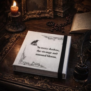 May include: A white journal with a black raven illustration and the quote "In every shadow, the strange and unusual bloom." A black elastic band secures the journal. The journal is on a dark, ornate wooden surface, with a lit candle and antique decor in the background.