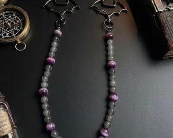 Gothic Purple Gray Beaded Bat Purse Charm | Pastel Goth Bag Accessory | Dark Coquette Backpack Charm, Mall Goth Jewelry, Spooky Bag Clip