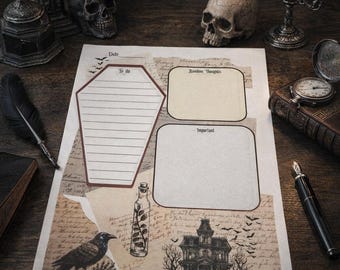 Gothic Daily Notepad - Raven and Haunted Mansion Handmade Planner Pad, Dark Academia Desk Stationery, Spooky To Do List Memo Pad