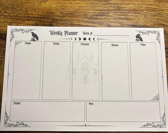 Dark Academia Gothic Weekly Planner | Raven & Moon A5 Notepad, Goth Desk Organizer, Witchy Stationery, Undated Daily Desk Pad Calendar