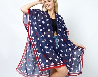 American USA Star Print Kimono Poncho: Patriotic Boho Cover-Up for Fourth of July and Summer Festivities