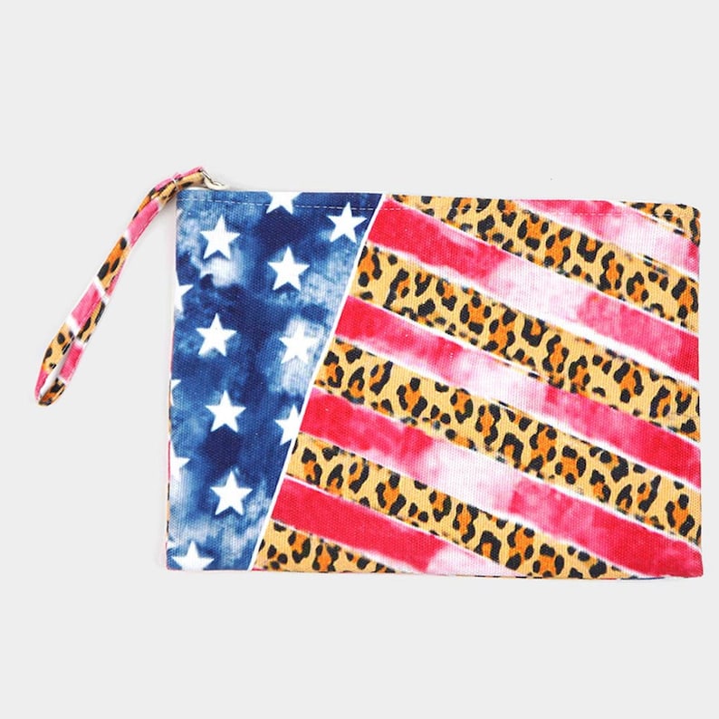 American Flag and Leopard Pattern Pouch Clutch Bag
