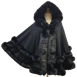 Elegant Faux Fur Trimmed Hooded Cape Poncho - Luxurious, Warm, Women's Winter Shawl, Fashionable Outerwear, Variety of Colors Available