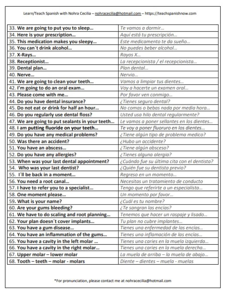 100 Spanish Dental Phrases Etsy