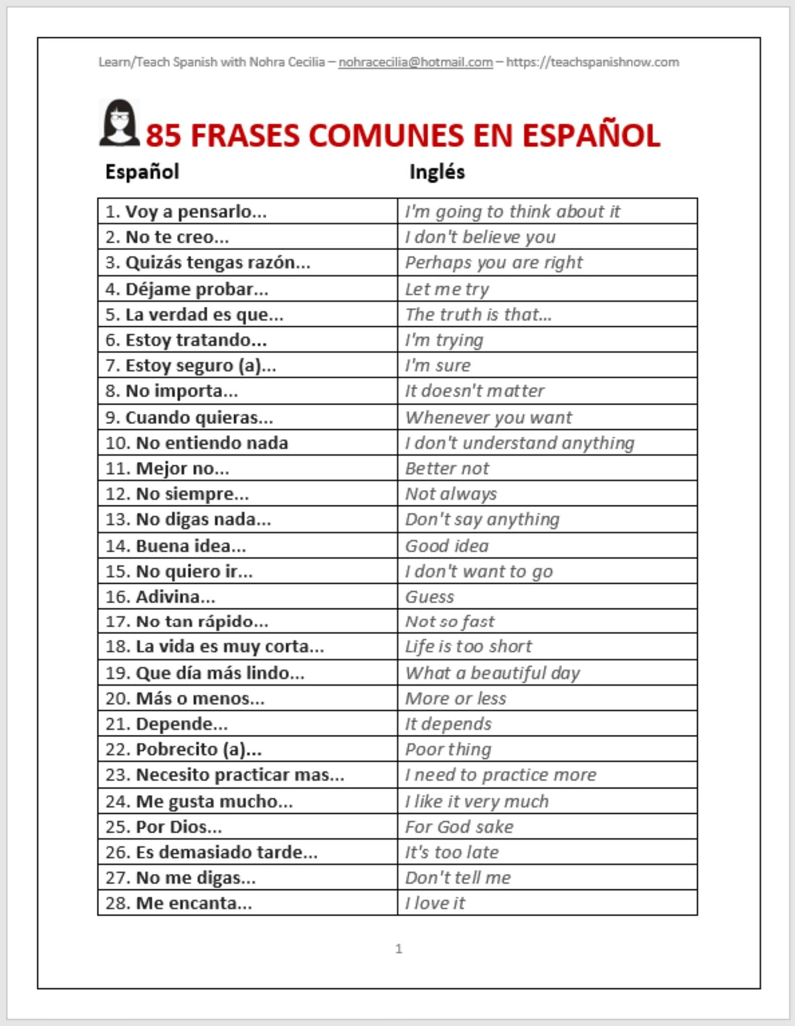 Spanish Common Phrases Worksheet