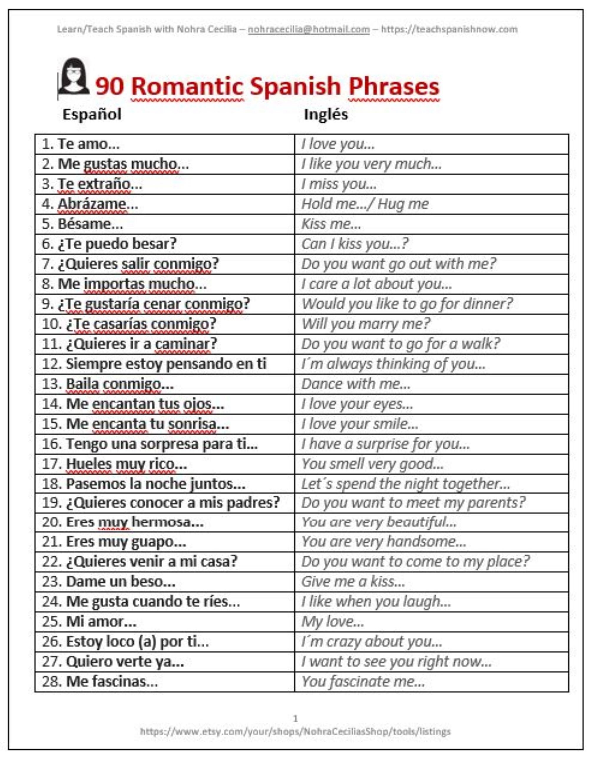 90 Romantic Spanish Phrases Etsy Canada