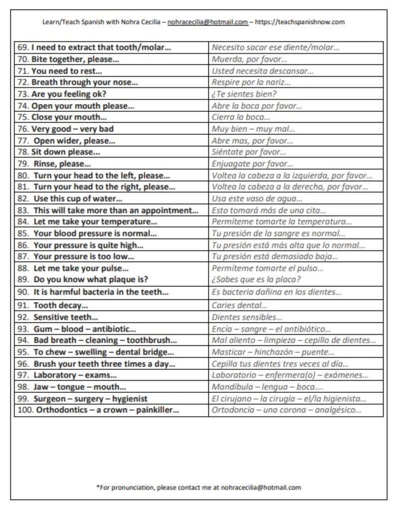100 Spanish Dental Phrases Etsy