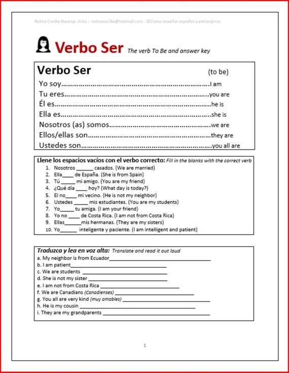 Spanish Verb Ser Worksheet Answer Key