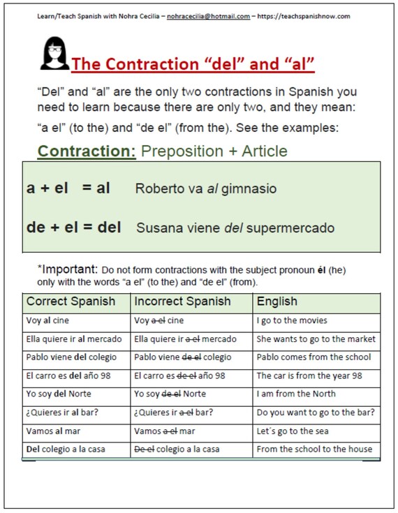 Contractions in Spanish Del and Al Etsy