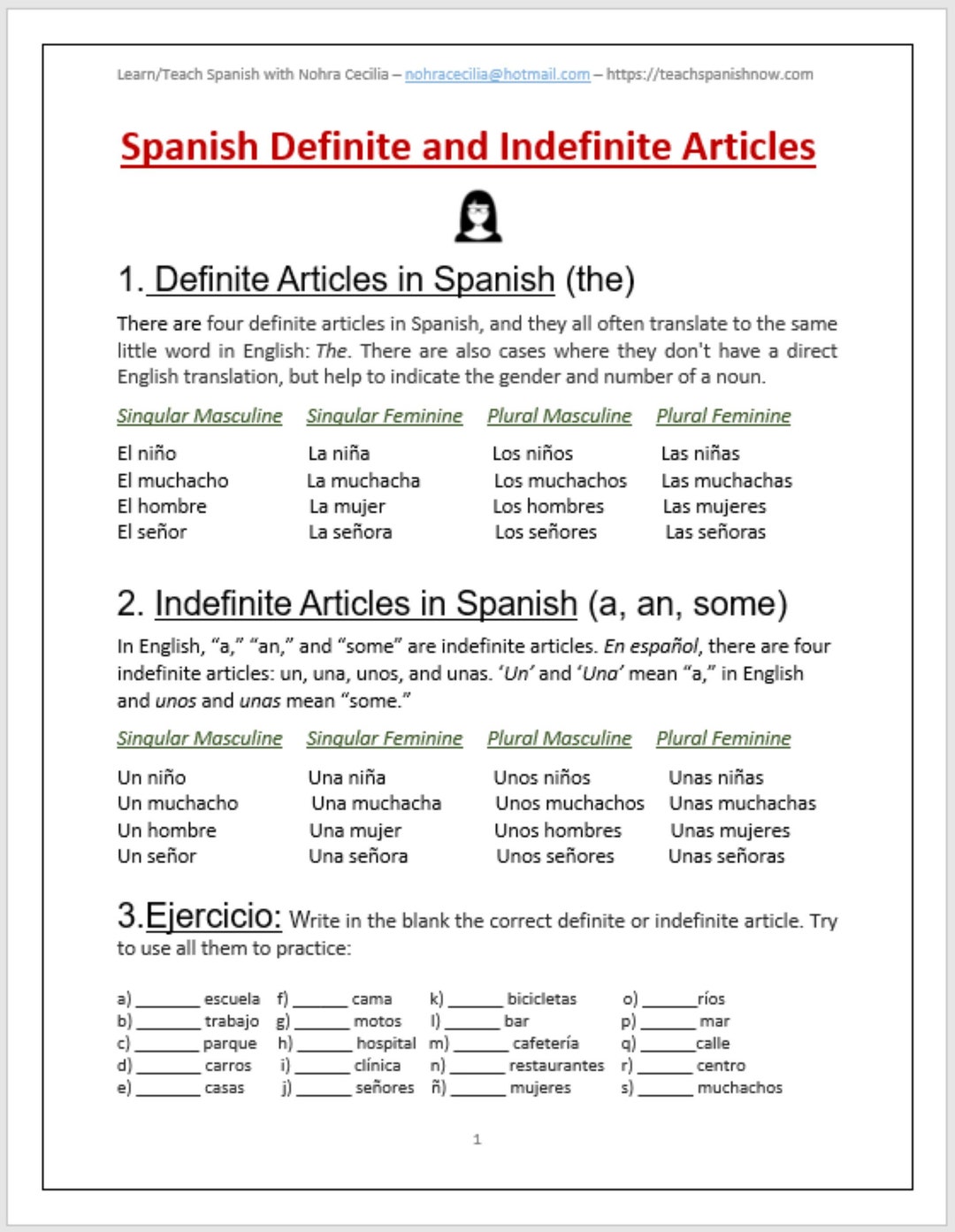 Definite And Indefinite Articles Spanish Exercises Free Worksheets 