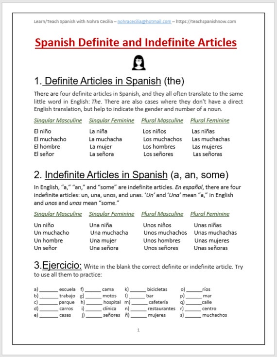 Definite and Indefinite Articles in Spanish Etsy
