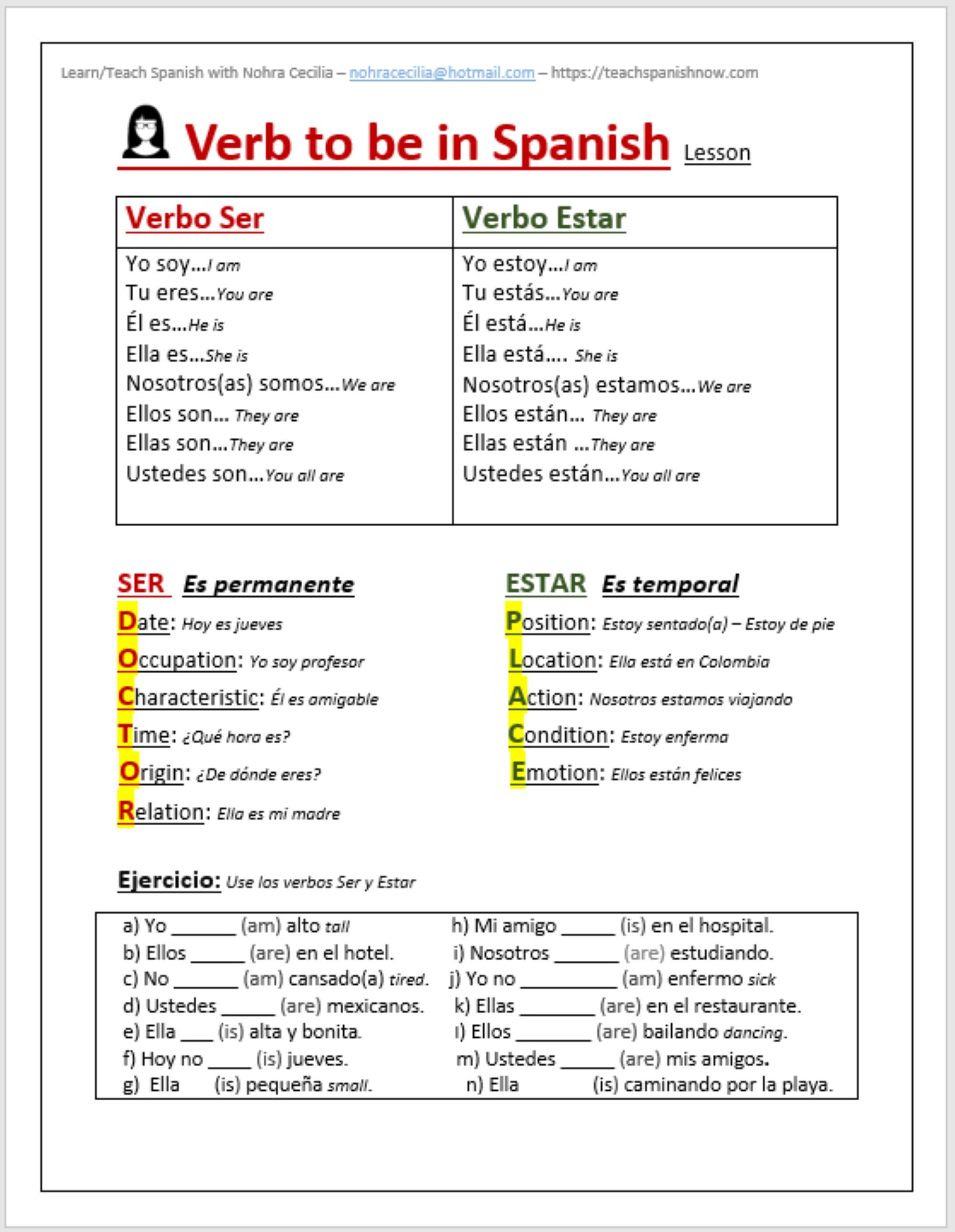 Verb To Be in Spanish Explained Etsy
