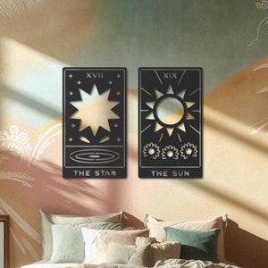 2-delige tarotkaarten metalen muurkunst set, de zon en de ster metalen muurdecoratie, spirituele muurkunst, boho muurdecoratie, moderne muur hangen