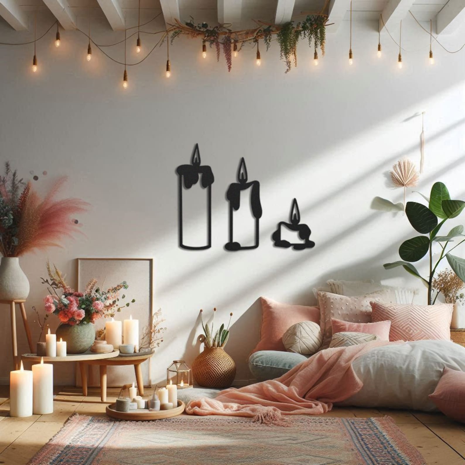 3 Piece Metal Wall Art Set, Candles Metal Wall Decor, Living Room Wall ...