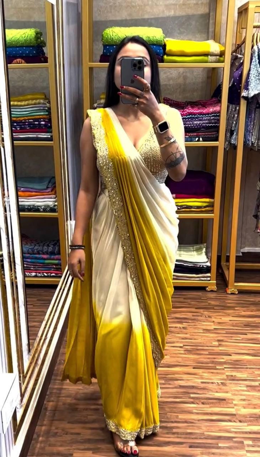 Yellow Chinno Printed Pre-drape Ready to Wear Saree Withreal Mirror ...