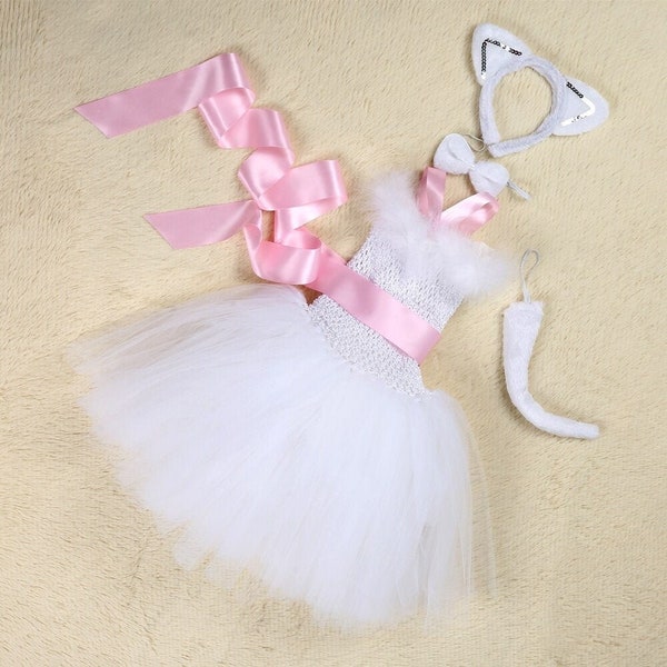 Disfraz de gato rosa blanco para niñas - Vestido de tutú de gato blanco para niños - Disfraz de Halloween - Traje de tutú animal - Vestido de gato de fiesta de cumpleaños del bebé