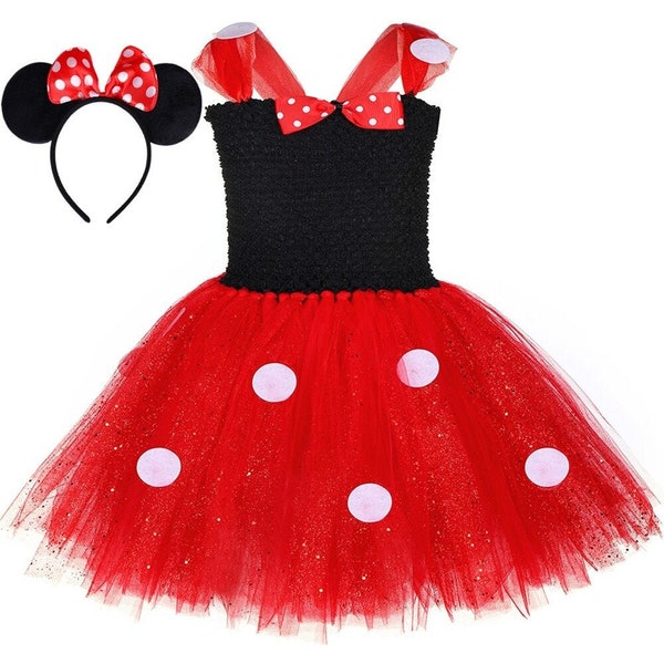 Girls Red & Black Mouse Tutu Dress - Disfraz de Red Mouse - White Polka Dots - Traje de fiesta de cumpleaños - Vestido Tutú hecho a mano - Vestido Red Glitter