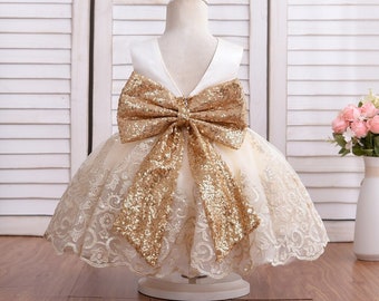 Baby Girls Glitter Champagne Flower Girls Dress - Kids Bridesmaid Lace Dress - Wedding Party - Birthday - Baptism Dress - Special Occasion