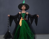 Deluxe Kids Green Witch Tutu - Hat Broom - Girls Halloween Costume - Kids Fancy Dress - Birthday Party Dress All Accessories Included
