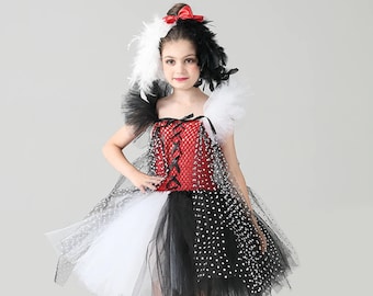 Girls Cruella Fancy Halloween Dress Cosplay Costume Wig Outfit Kid Dress Up Gift 