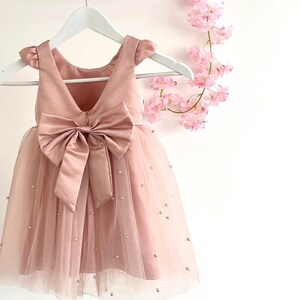 Kids Dusky Pink Pearl Dress Baby Flower Girls Dress Wedding Party