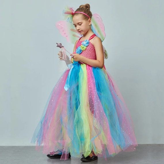 Abito tutu per ragazze farfalla arcobaleno ali e fascia per capelli costume  da fata principessa per bambini vestito da festa di compleanno costume da  fata rosa -  Italia