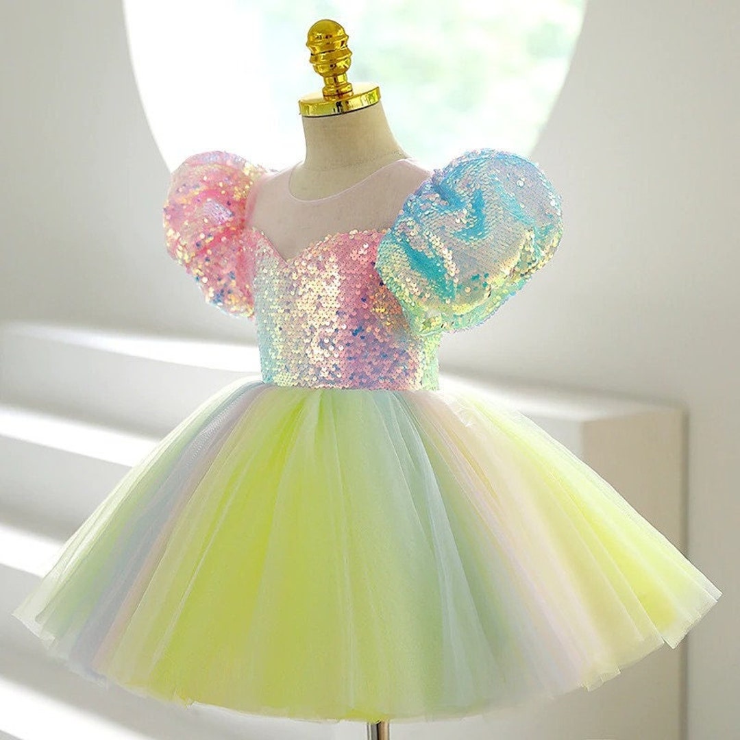Kids Rainbow Sequinned Glitter Dress Flower Girls Dress Wedding Party ...