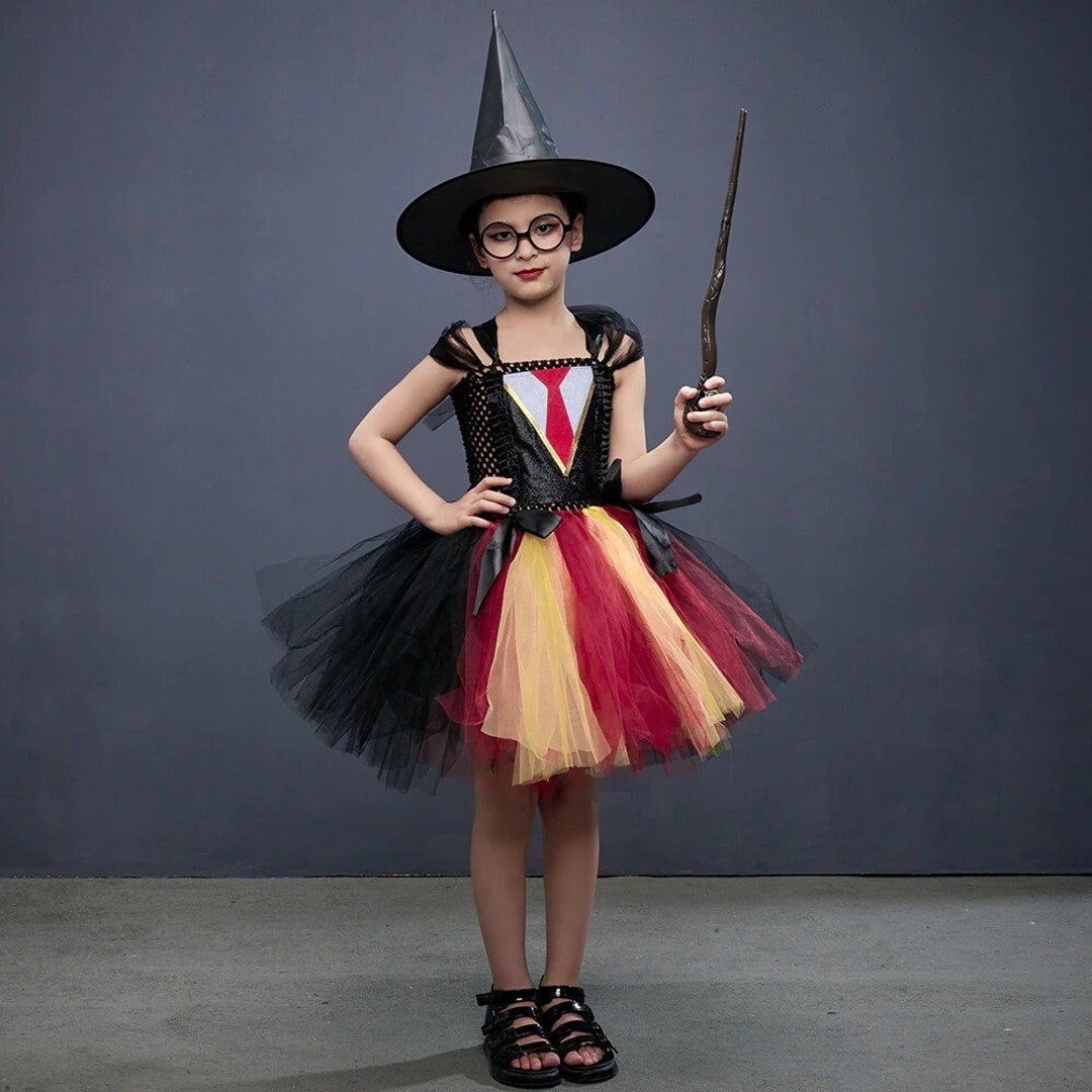 Costume enfant petite sorcière écolière rose et noir