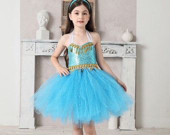 Girls Jasmine Tutu Dress Princess Jasmine Birthday Party Princess Dress  Handmade Princess Costume Blue and Gold Tulle -  Israel