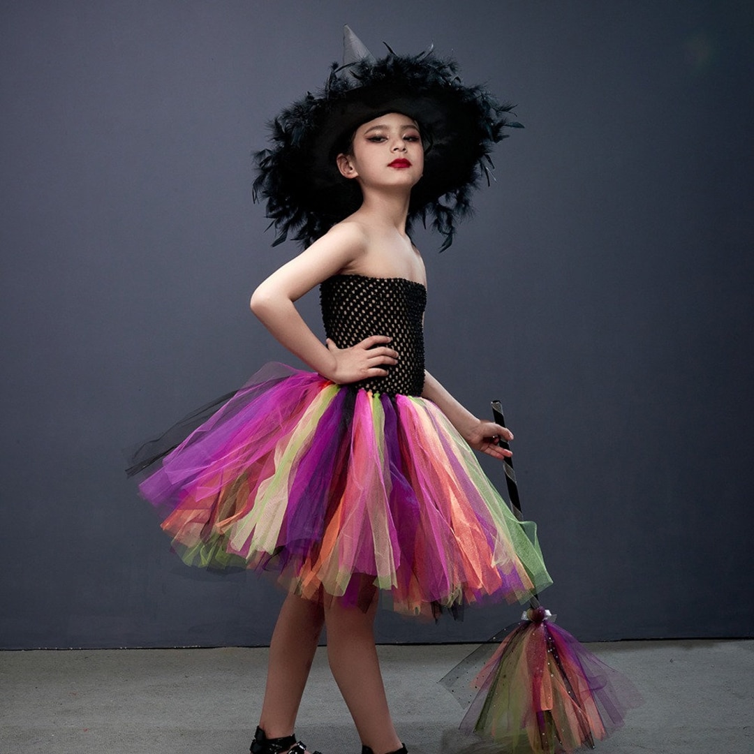 Girls Rainbow Evil Witch Halloween Costume Witch Tutu Dress Kids Black Girls Rainbow Evil Witch Halloween Costume Witch Tutu Dress Kids Black
