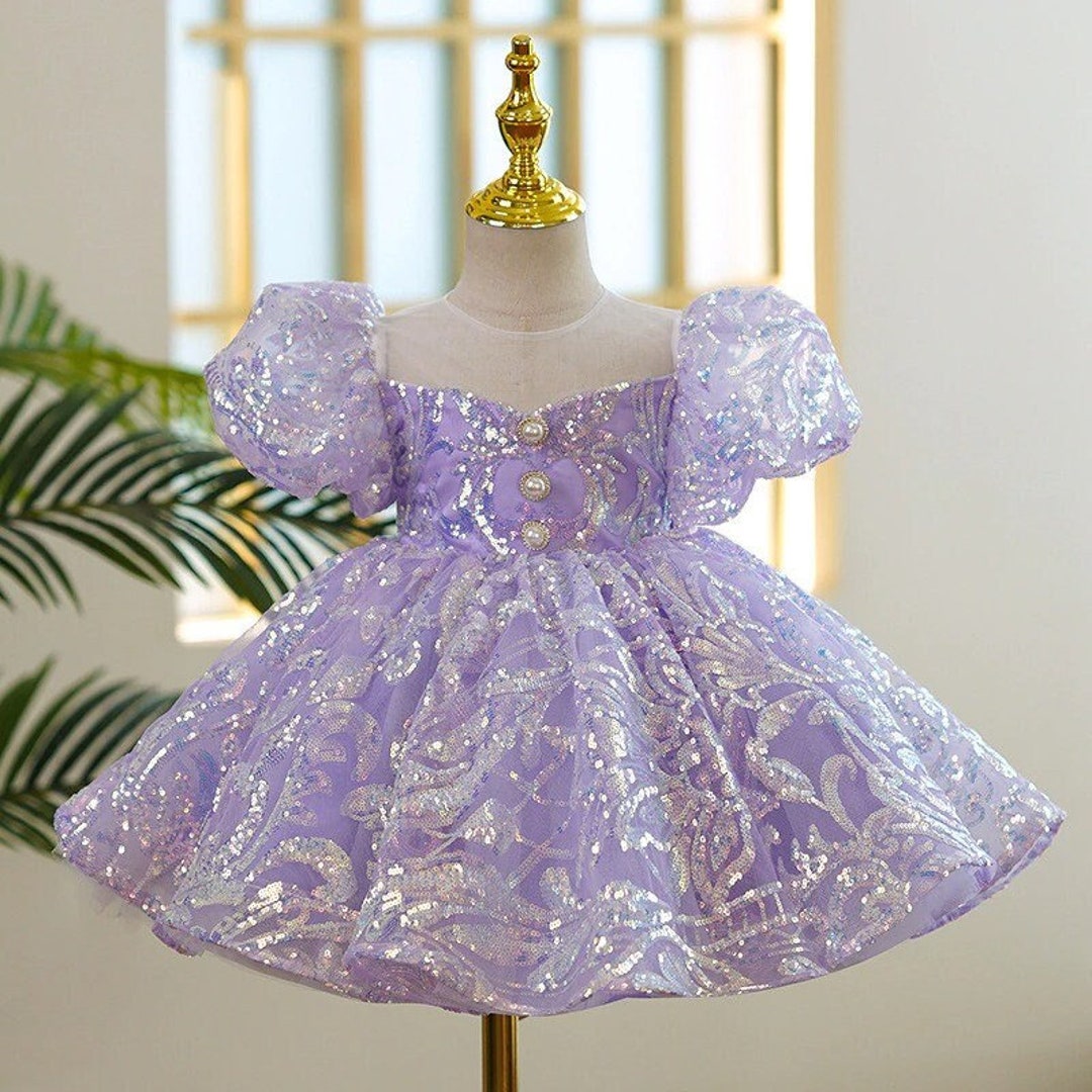 Kids Lavender Sequinned Glitter Dress Flower Girls Dress Wedding Party ...