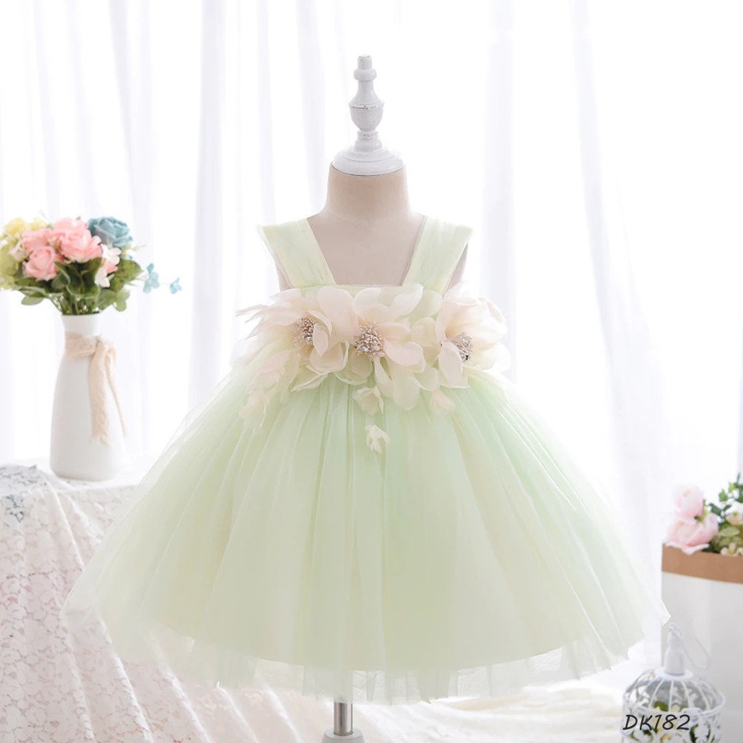 Kids Pastel Green & Yellow Tulle Dress Flower Girls Dress Wedding Party ...