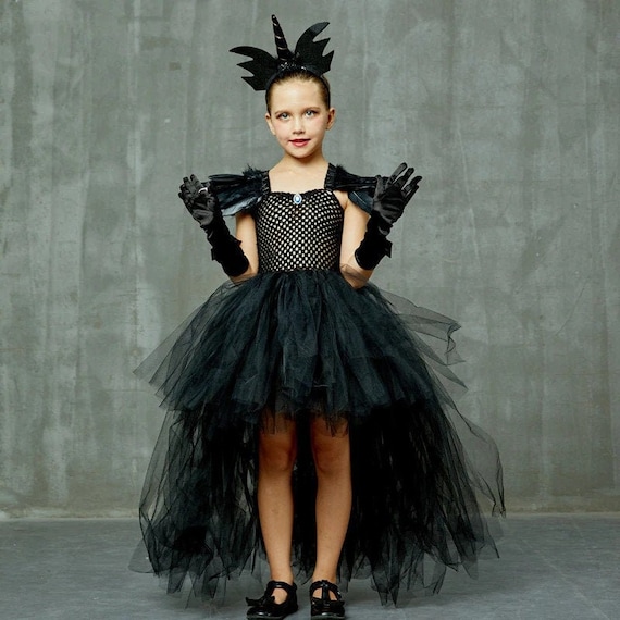 Kids Black Evil Maleficent Tutu Costume gotico di Halloween Abito fantasia  per ragazze Abito malefica regina piuma Tutti gli accessori inclusi -   Italia