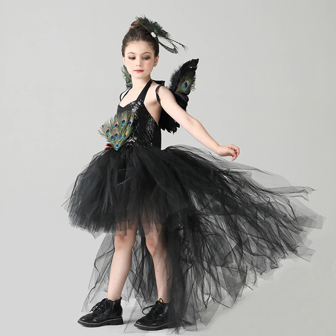 black dress with peacock feathers