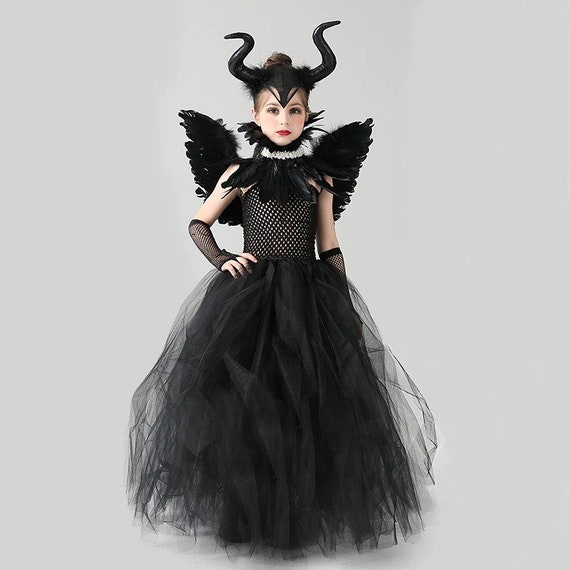 Tutù malefico nero per bambini Costume gotico di Halloween Vestito operato  da ragazze Abito malefico regina di piume Tutti gli accessori inclusi -   Italia