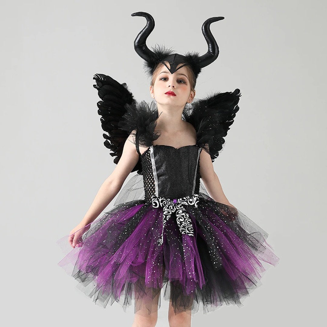 Girls Tutu Dress Maleficent Evil Queen dress and Horns Halloween Cosplay  Witch Costume for Kids Children christmas Party Dress