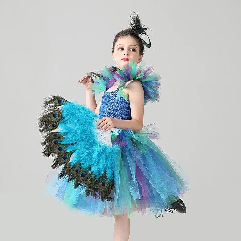 Girls Peacock Angel Tutu Dress Purple Flower Feathers Dress Kids Tulle  Princess Peacock Costume Birthday Party All Accessories 