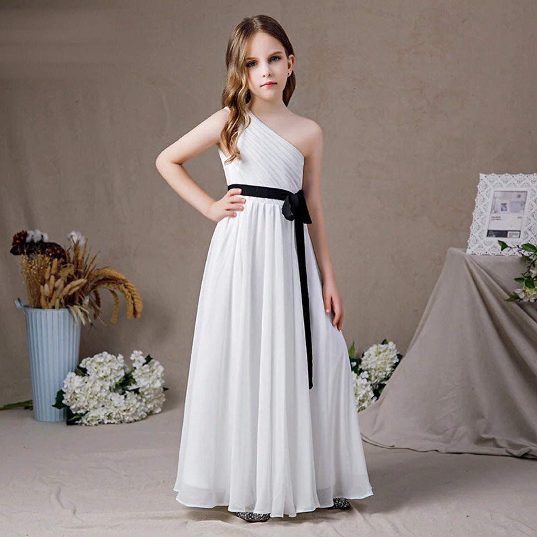 Kids White Chiffon Black Sash Belt Dress Flower Girls Dress - Etsy Singapore