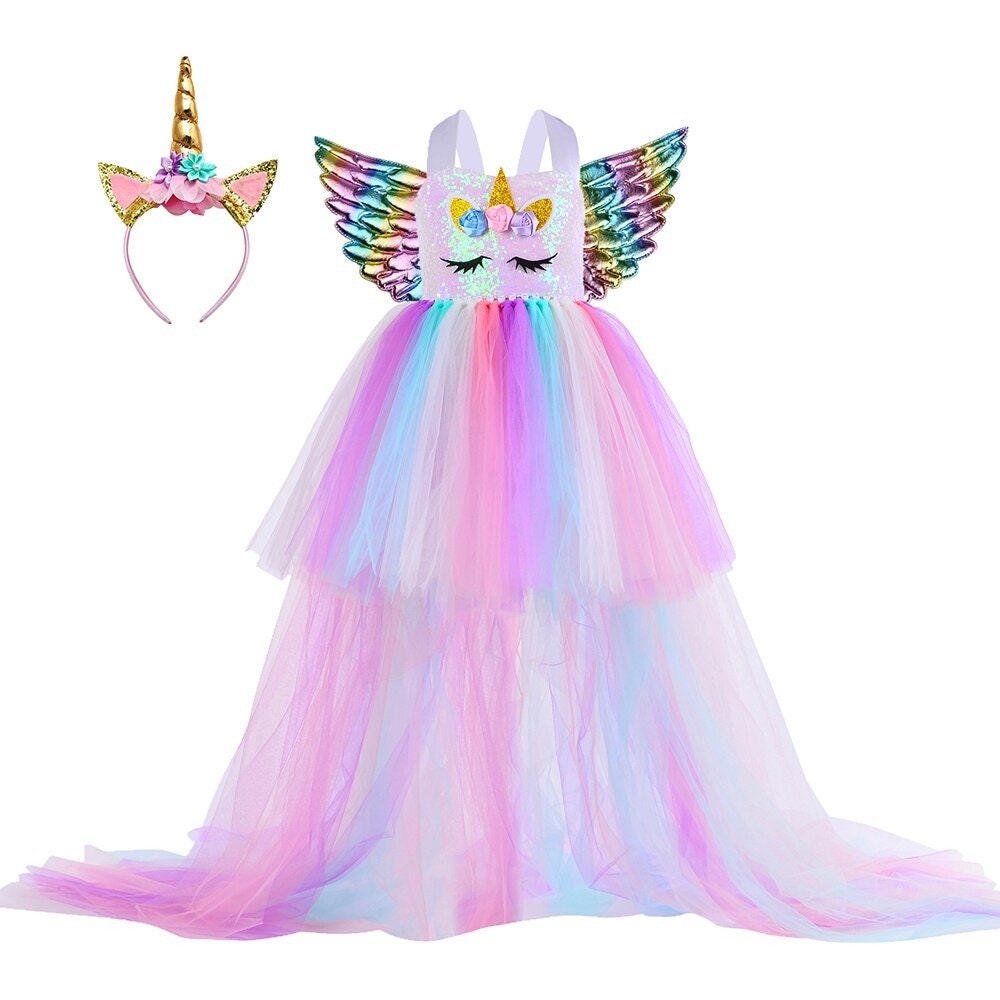 Hereneer 3 Pièces Déguisement Licorne Fille, ​Robe Tutu de Princesse  Licorne, avec Ailes, Bandeau, Tulle Ballet Fille, Costume Licorne pour  Carnaval