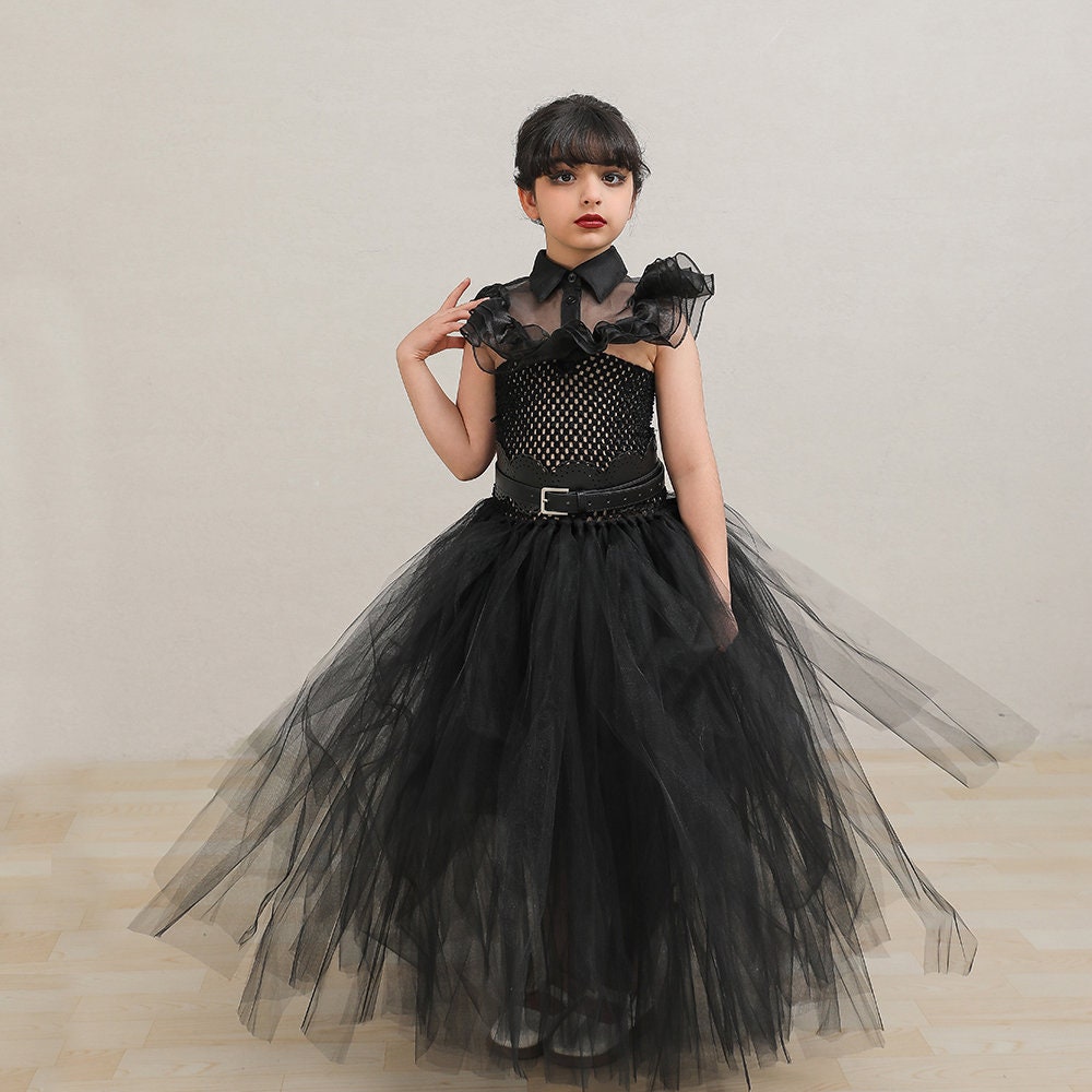 2023 Mercoledì Addams Costume Per Bambini Ragazze Cintura di Tulle Gotico  Vestito Nero + Parrucche Abiti