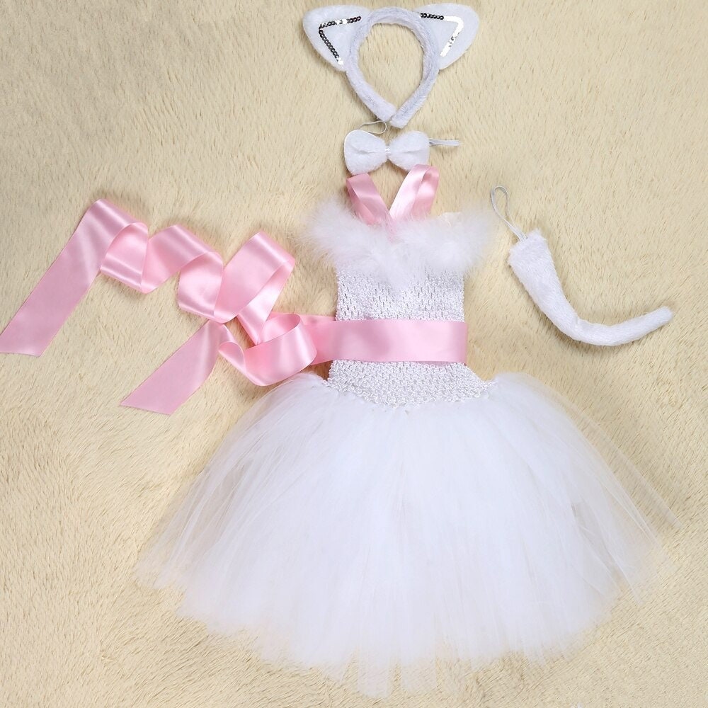 Girls White Pink Cat Costume Kids White Cat Tutu Dress Etsy