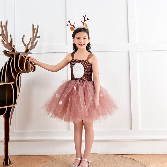 Girls Reindeer Christmas Holiday Tutu Dress Kids Sequin Reindeer