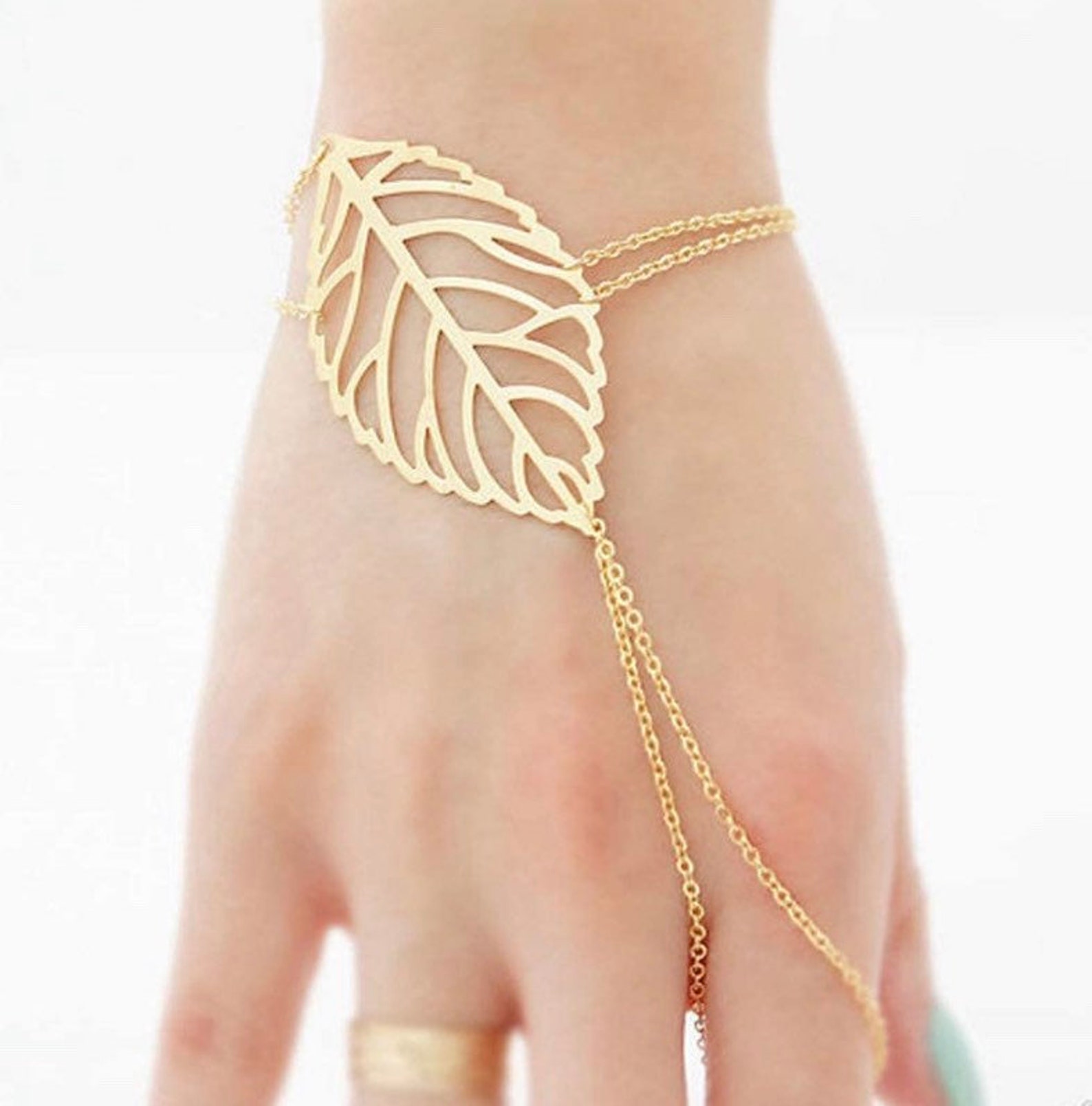 Layered Finger Ring Bracelet Gold Leaf Hand Bracelet Chain Etsy